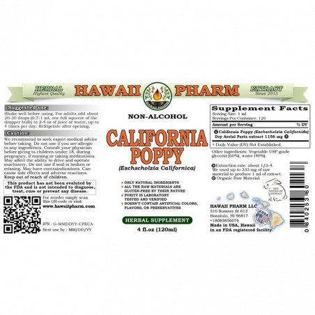 Tekutý extrakt z kalifornského maku bez alkoholu, organický kalifornský mak (Eschscholzia Californica) Hawaii Pharm - 2